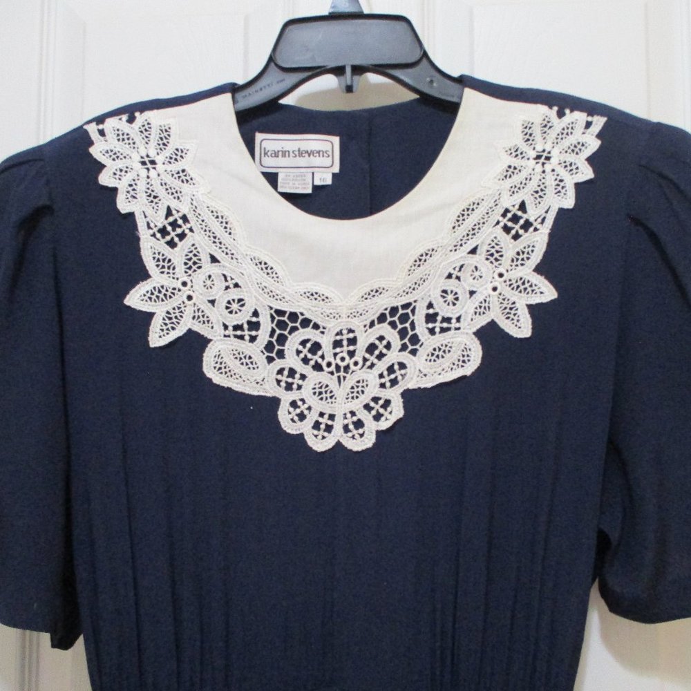 ***SOLD***  Vintage Lace Collar Midi Dress sz L Navy Blue Puff Sleeves